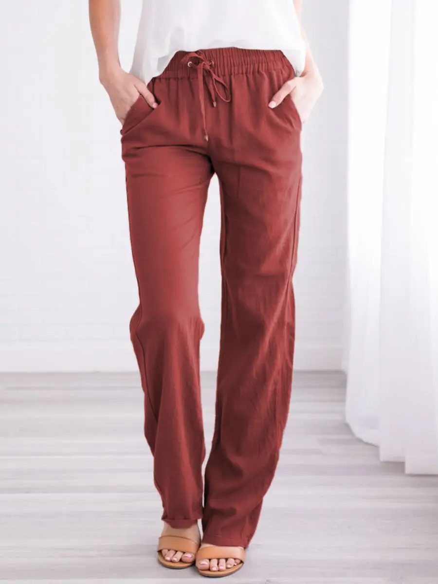 Women Drawstring Loose Casual Trousers Blue Cotton