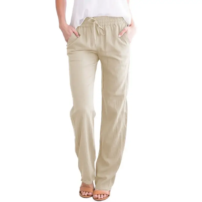 Women Drawstring Loose Casual Trousers Blue Cotton