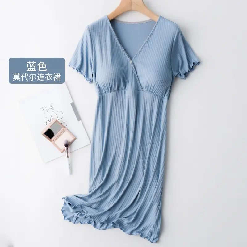 Maternity Dress Blue V-Neck Summer Nursing Wear - Image 4