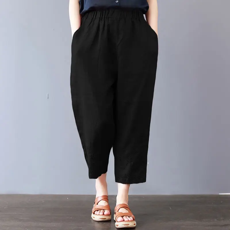 Women Printed Cropped Pants Yellow Gray Loose Cotton