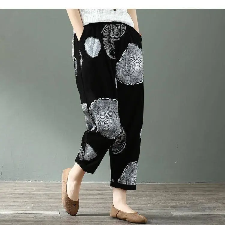 Women Printed Cropped Pants Yellow Gray Loose Cotton