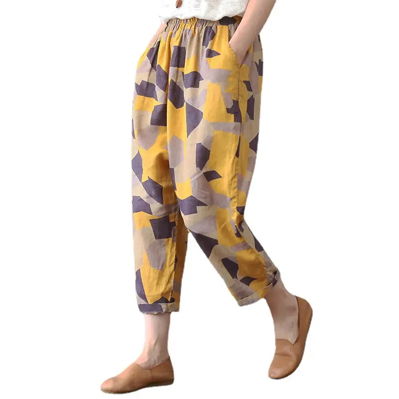 Women Printed Cropped Pants Yellow Gray Loose Cotton