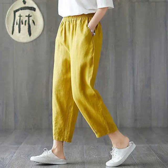 Women Printed Cropped Pants Yellow Gray Loose Cotton