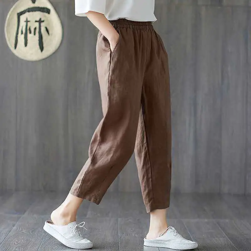 Women Printed Cropped Pants Yellow Gray Loose Cotton