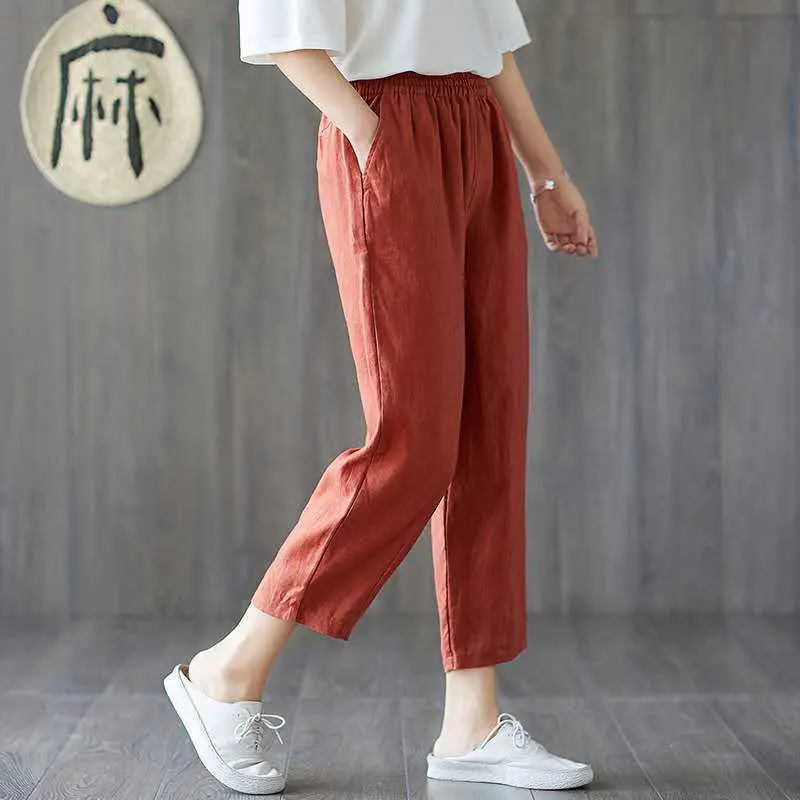 Women Printed Cropped Pants Yellow Gray Loose Cotton