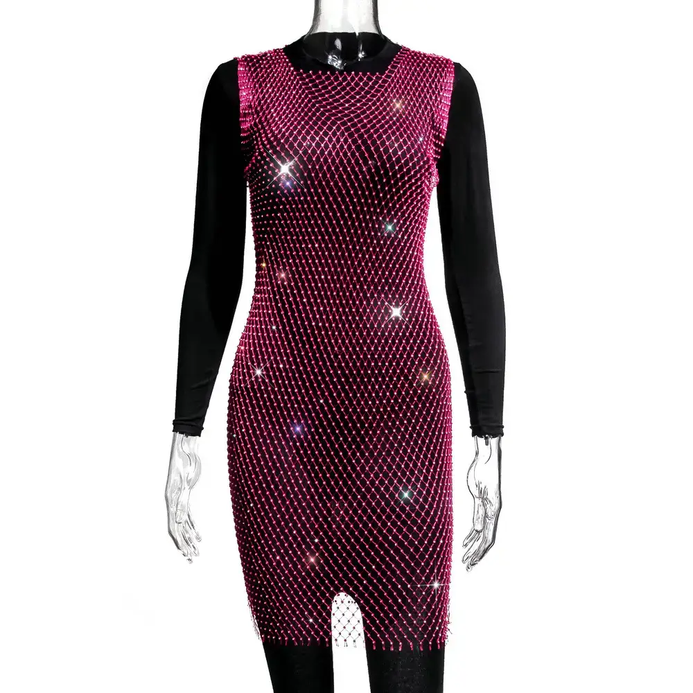 2025 Halter Neck Red Sparkle Mid Waist Dress Black Long Sleeve - Image 10