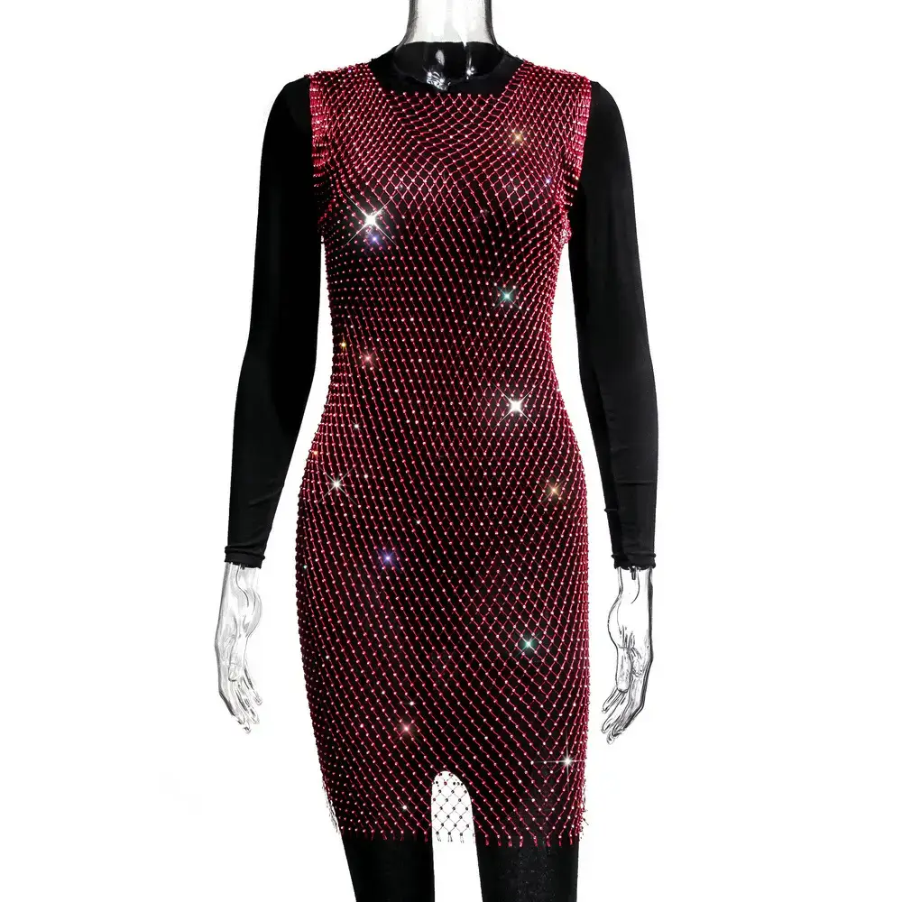 2025 Halter Neck Red Sparkle Mid Waist Dress Black Long Sleeve - Image 11