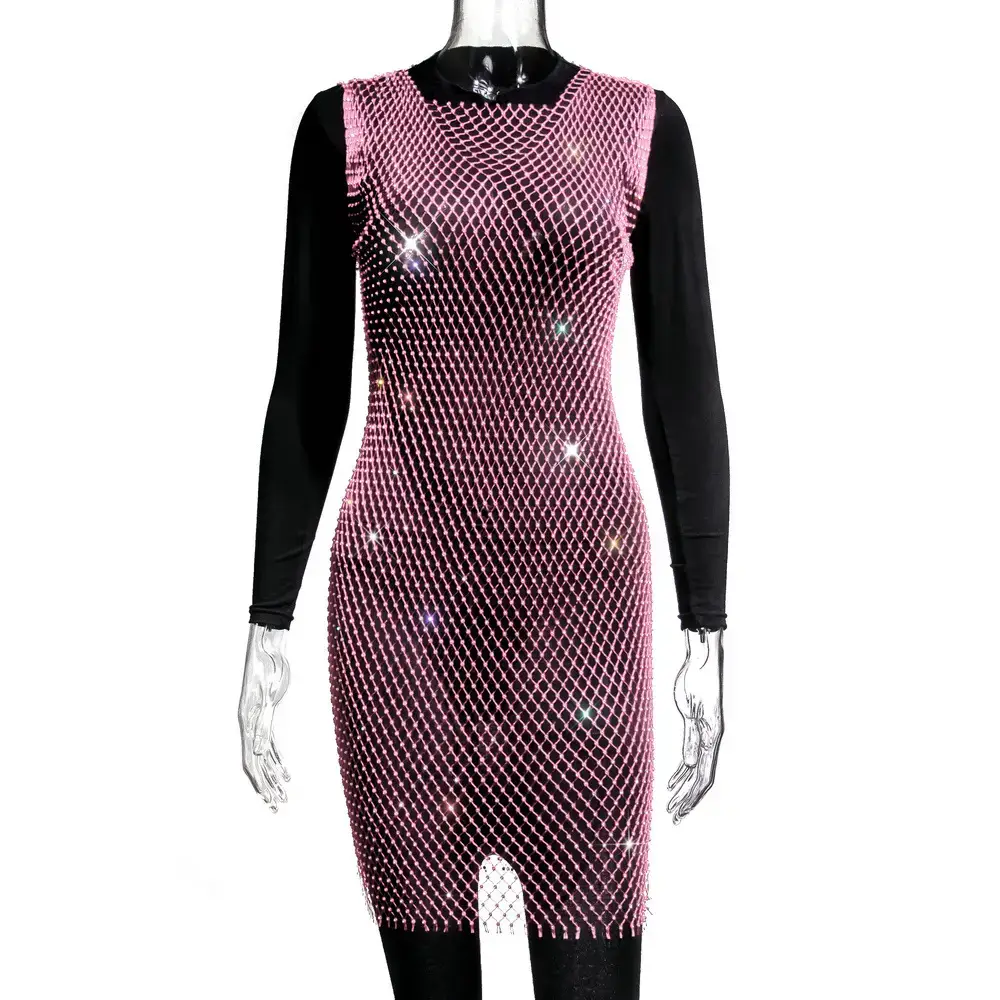 2025 Halter Neck Red Sparkle Mid Waist Dress Black Long Sleeve - Image 2