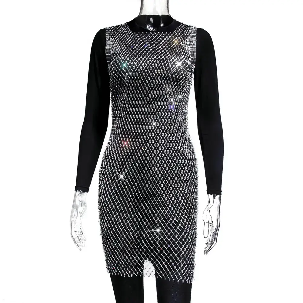 2025 Halter Neck Red Sparkle Mid Waist Dress Black Long Sleeve - Image 6