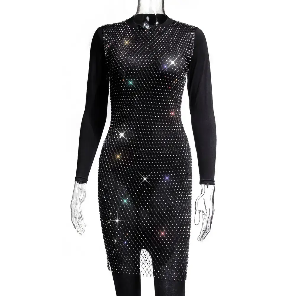 2025 Halter Neck Red Sparkle Mid Waist Dress Black Long Sleeve - Image 7