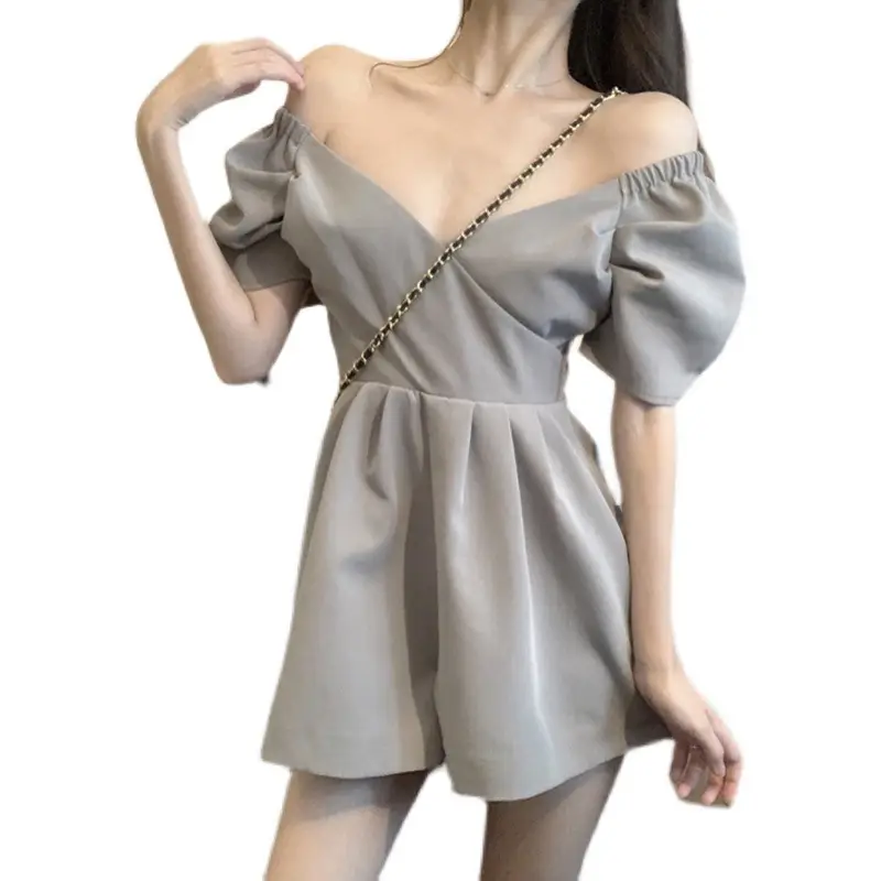 Women's Grey Off-Shoulder Shorts with Chain Bag - Image 5