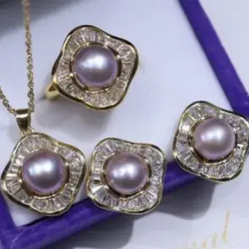 White Pearl Set Pendant Earrings Three-Piece Fashionable 8-9 Large - Image 12