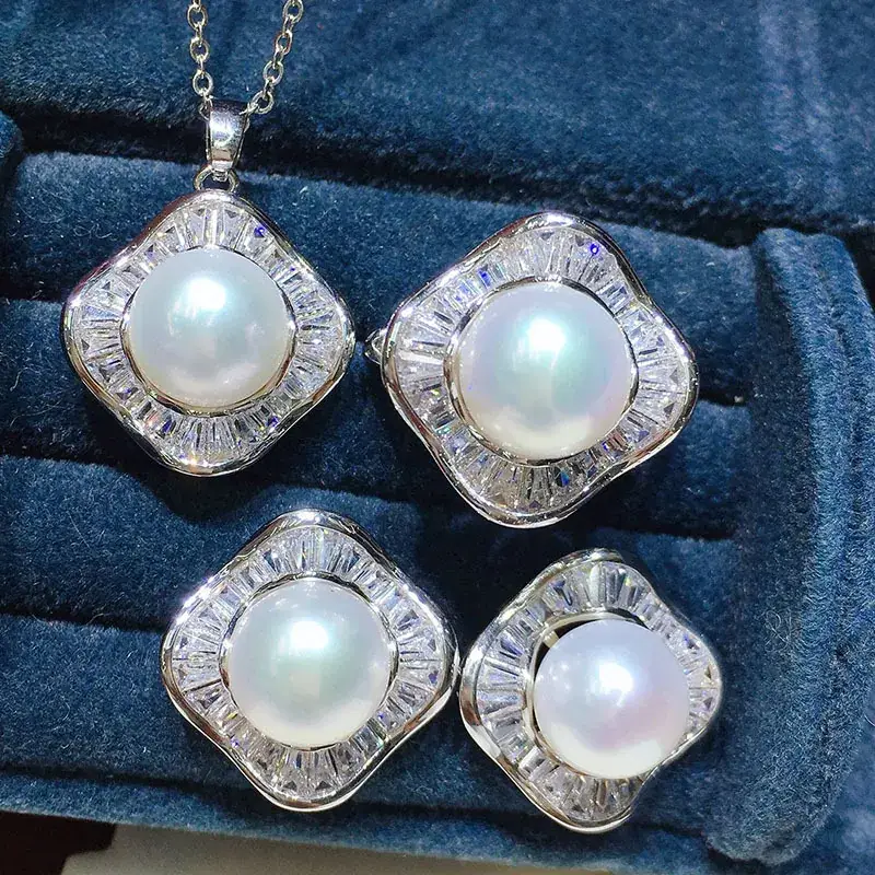White Pearl Set Pendant Earrings Three-Piece Fashionable 8-9 Large - Image 13