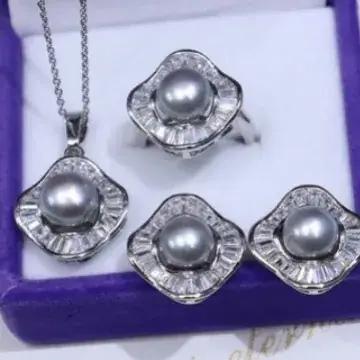 White Pearl Set Pendant Earrings Three-Piece Fashionable 8-9 Large - Image 14