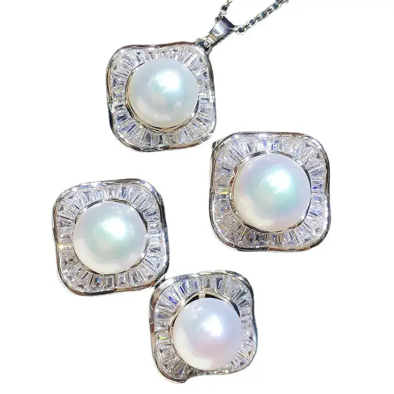 White Pearl Set Pendant Earrings Three-Piece Fashionable 8-9 Large - Image 15