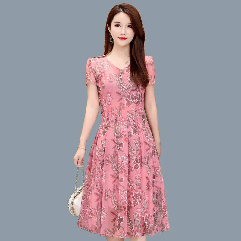 Middle-aged Women Summer Dress Pink Floral Mesh Dress