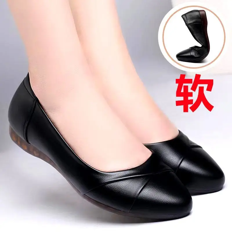 Beef Sole 2021 Spring and Autumn Mother Shoes Soft Sole Summer Four Seasons Single-layer Shoes Comfortable Shallow Mouth Flat Leather Shoes Middle-aged and Elderly Women's Shoes