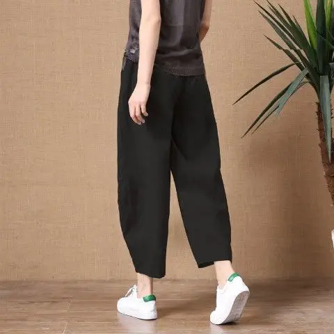 Women's Black Elastic Waist Wide Leg Pants Slimming Casual