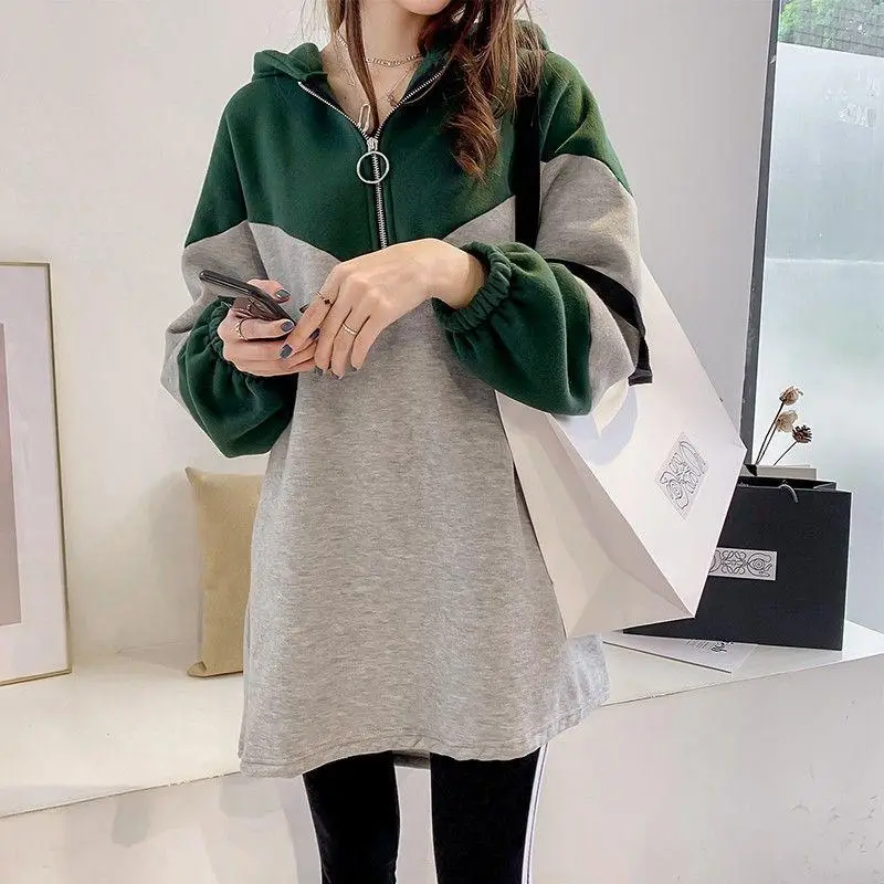 Long Sleeve Hooded Sweatshirt Women Grey Blue Mid Length