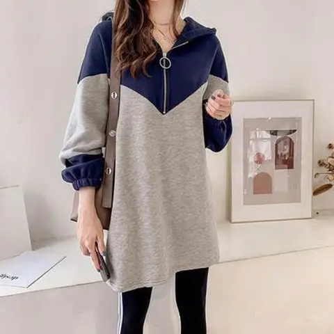 Long Sleeve Hooded Sweatshirt Women Grey Blue Mid Length