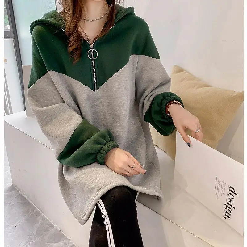 Long Sleeve Hooded Sweatshirt Women Grey Blue Mid Length