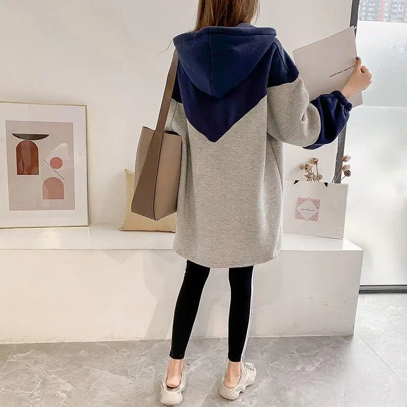 Long Sleeve Hooded Sweatshirt Women Grey Blue Mid Length