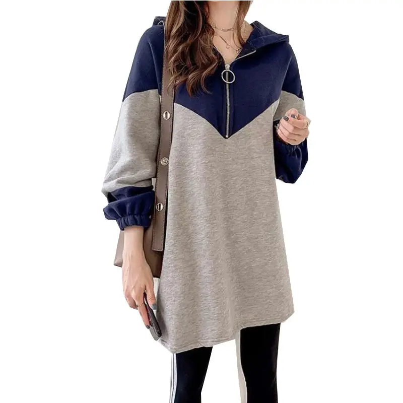 Long Sleeve Hooded Sweatshirt Women Grey Blue Mid Length