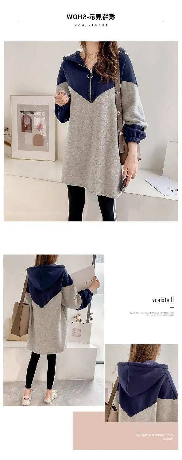 Long Sleeve Hooded Sweatshirt Women Grey Blue Mid Length — feature 4