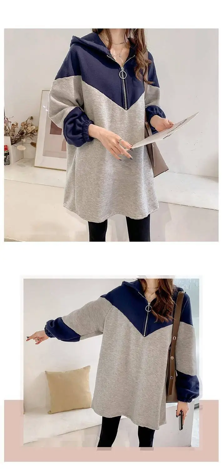 Long Sleeve Hooded Sweatshirt Women Grey Blue Mid Length — feature 5