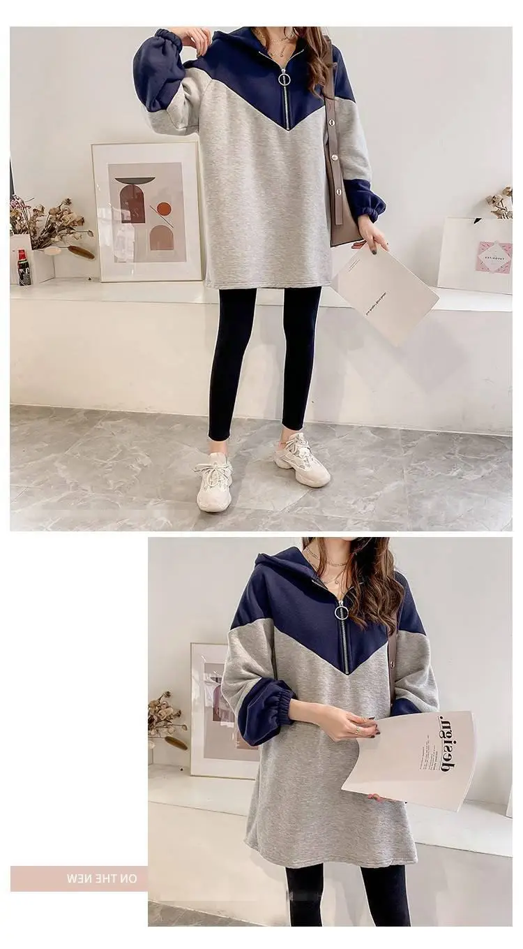 Long Sleeve Hooded Sweatshirt Women Grey Blue Mid Length — feature 6