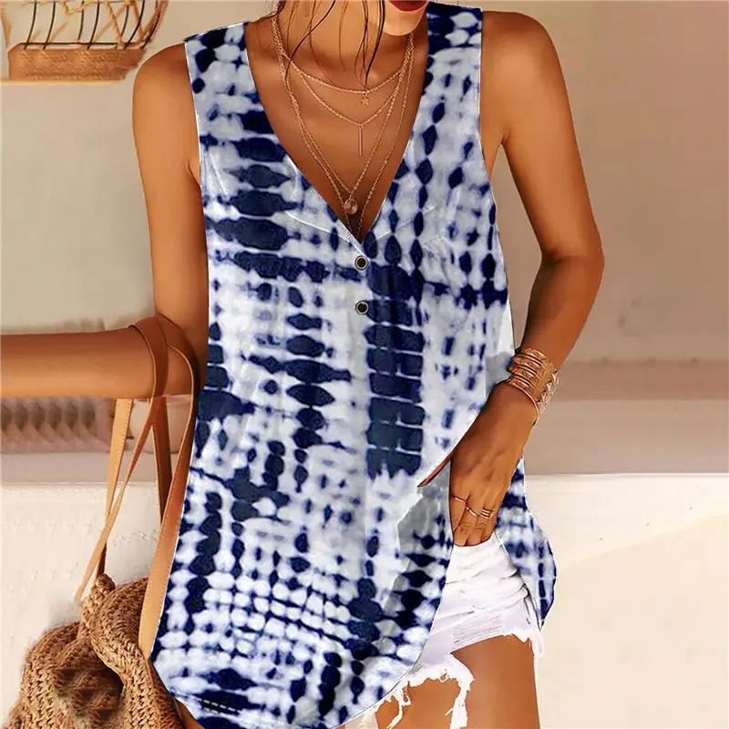 2023 Printed V-Neck Twisted Button Sleeveless Vest Women - Image 8