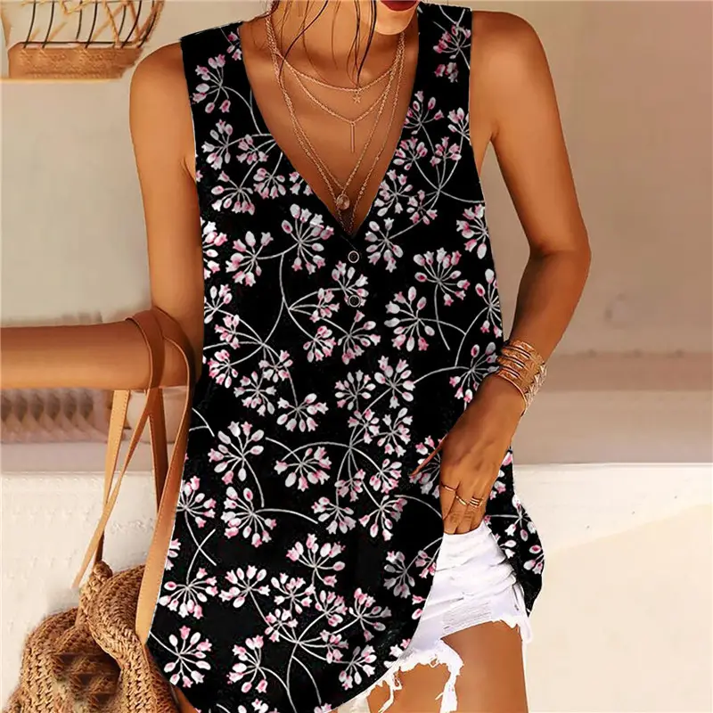 2023 Printed V-Neck Twisted Button Sleeveless Vest Women - Image 9