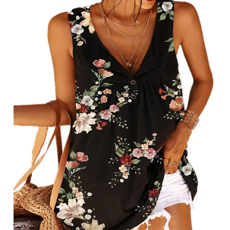 2023 Printed V-Neck Twisted Button Sleeveless Vest Women - Image 10