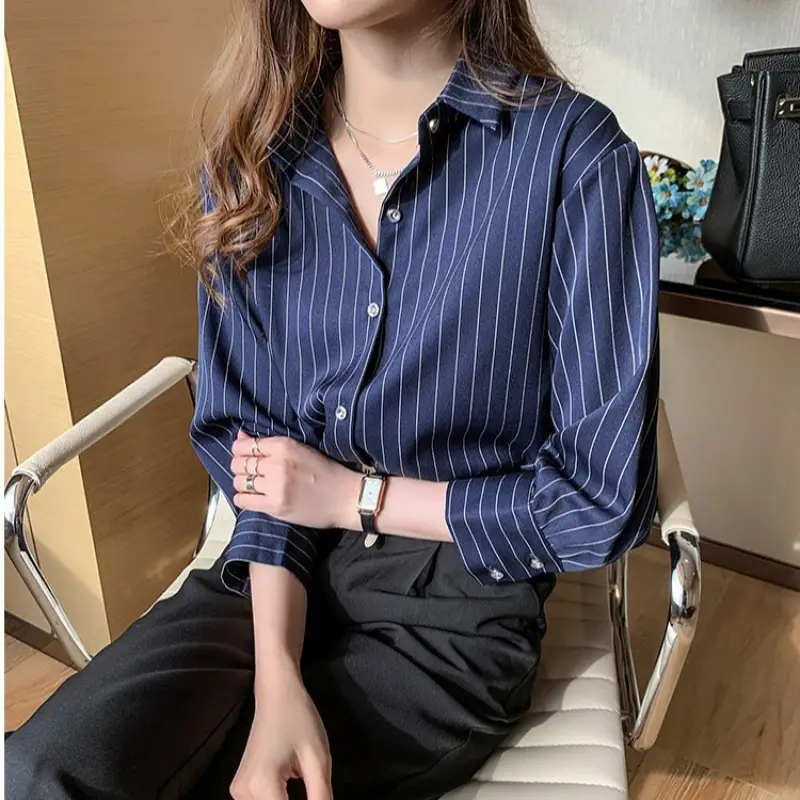 Women Striped Business Shirt White Loose 2021 Spring - Image 4