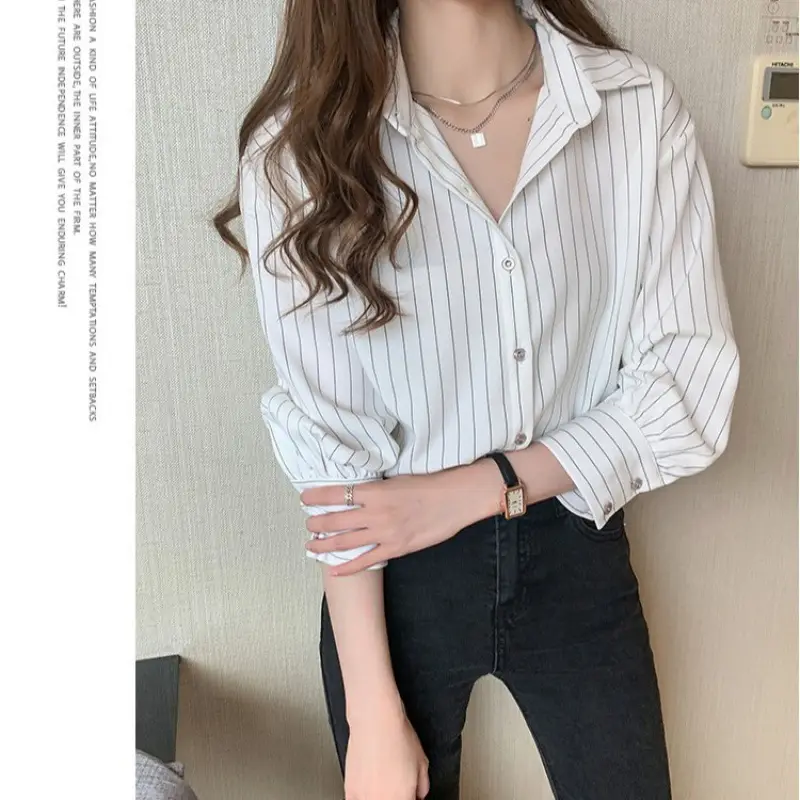 Women Striped Business Shirt White Loose 2021 Spring - Image 5