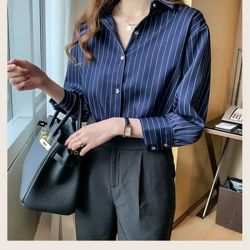 Women Striped Business Shirt White Loose 2021 Spring - Image 6