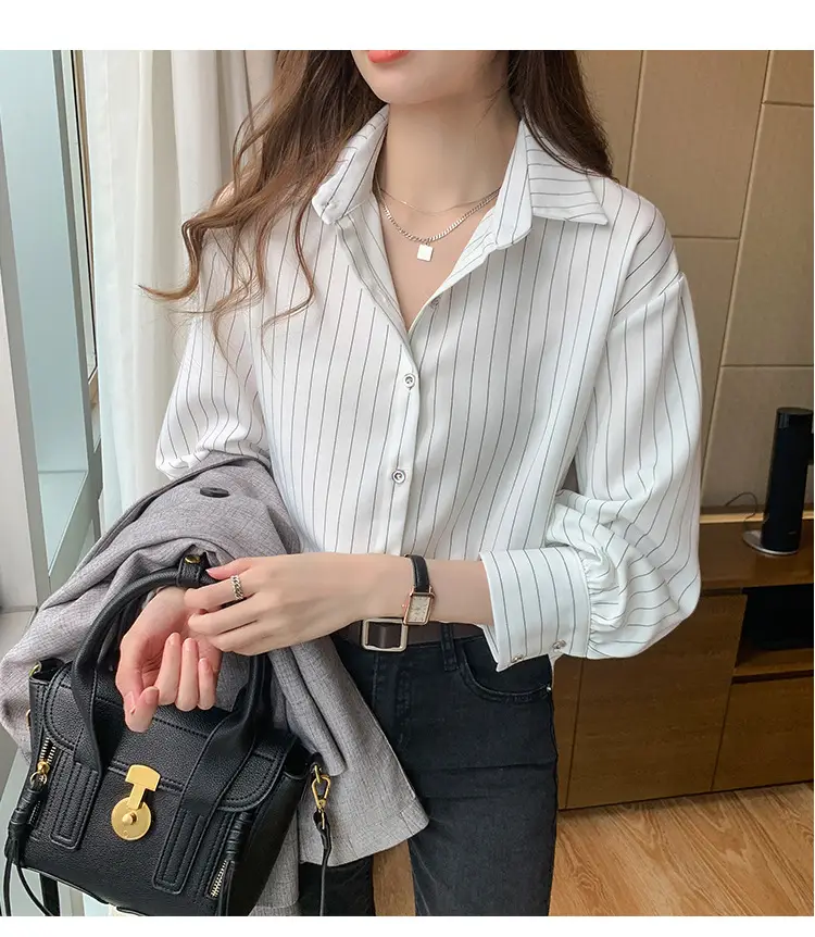 Women Striped Business Shirt White Loose 2021 Spring — feature 12