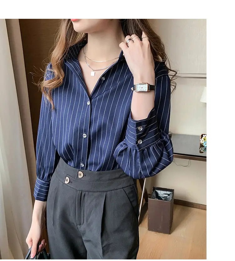 Women Striped Business Shirt White Loose 2021 Spring — feature 4