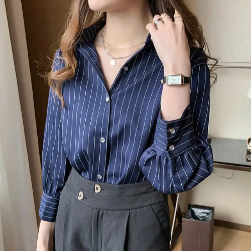 Women Striped Business Shirt White Loose 2021 Spring - Image 2