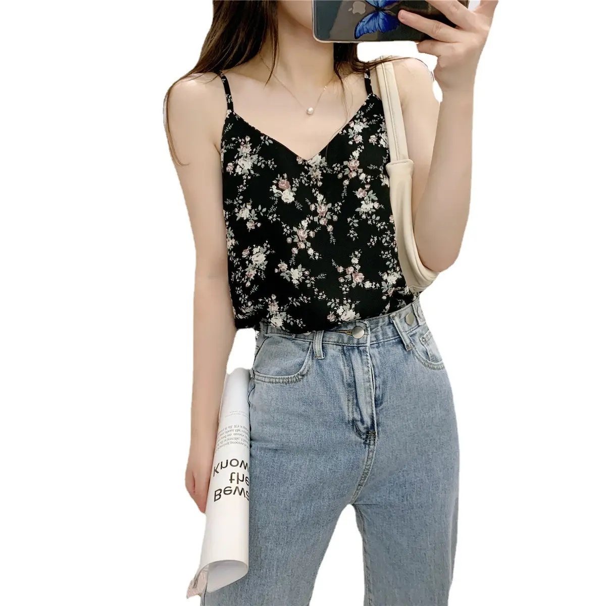 Women Floral Camisole V-Neck Chiffon Top Summer 2023 - Image 8