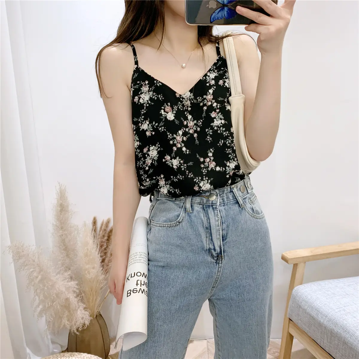 Women Floral Camisole V-Neck Chiffon Top Summer 2023 - Image 3