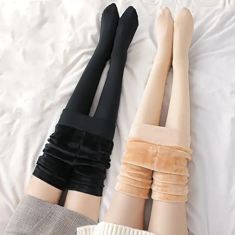 Black Fleece-Lined Over-the-Leg Pantyhose for Women - Image 3