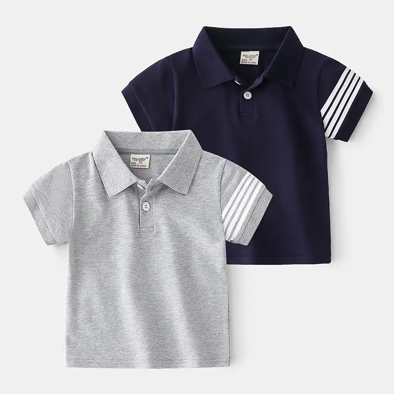 Summer Boys Polo T-Shirt Navy Blue Striped Sleeve