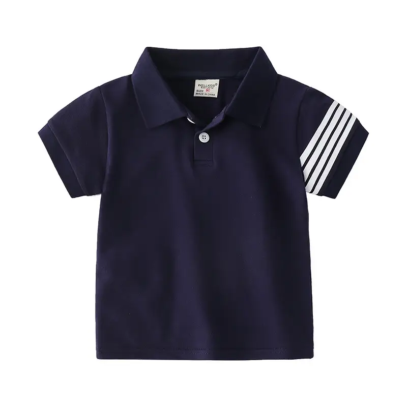 Summer Boys Polo T-Shirt Navy Blue Striped Sleeve