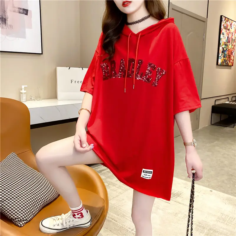 Women Red Sequin Hooded T-Shirt Medium - Image 6