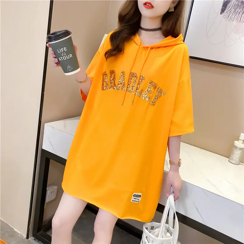 Women Red Sequin Hooded T-Shirt Medium - Image 2