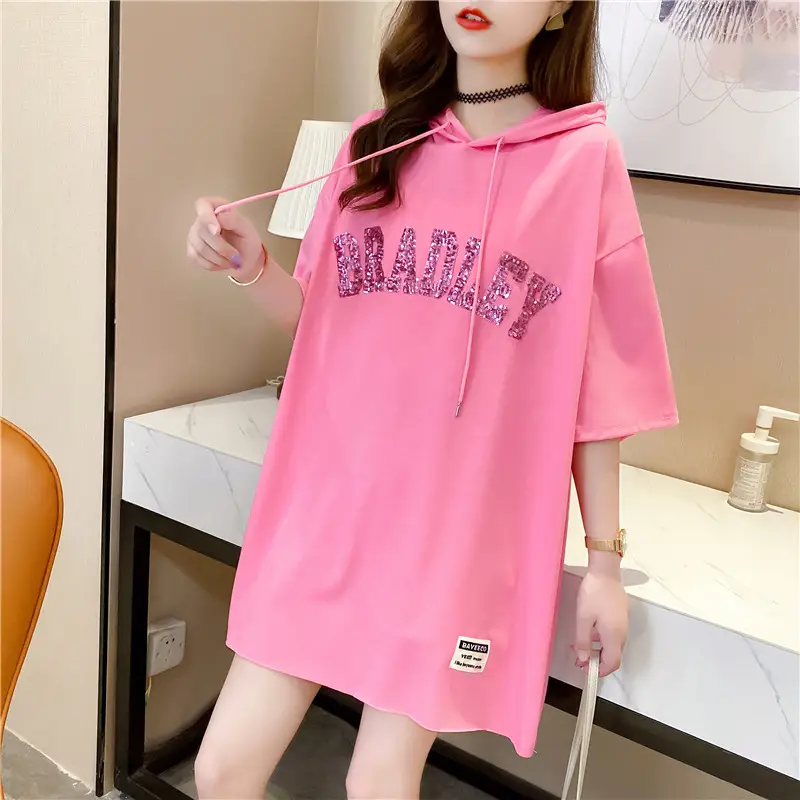 Women Red Sequin Hooded T-Shirt Medium - Image 3