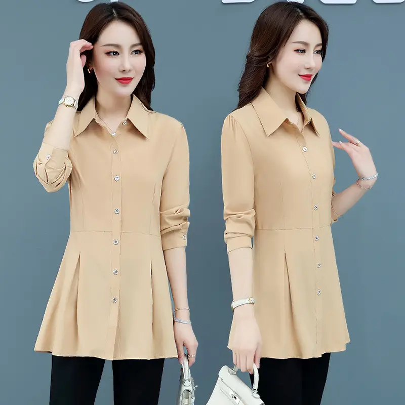 2026 Spring Women's Beige Slim Fit Long Sleeve Shirt - Image 8