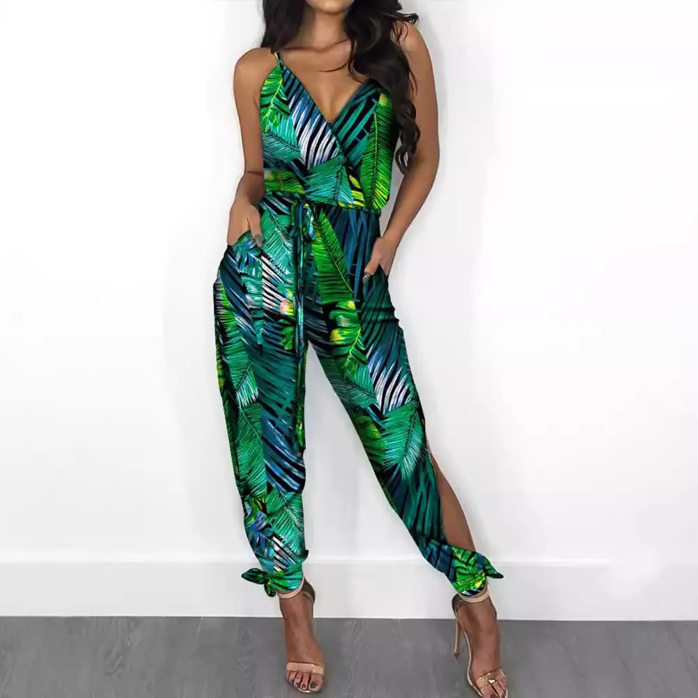 New Peacock Feather Print V-Neck Jumpsuit for Women
