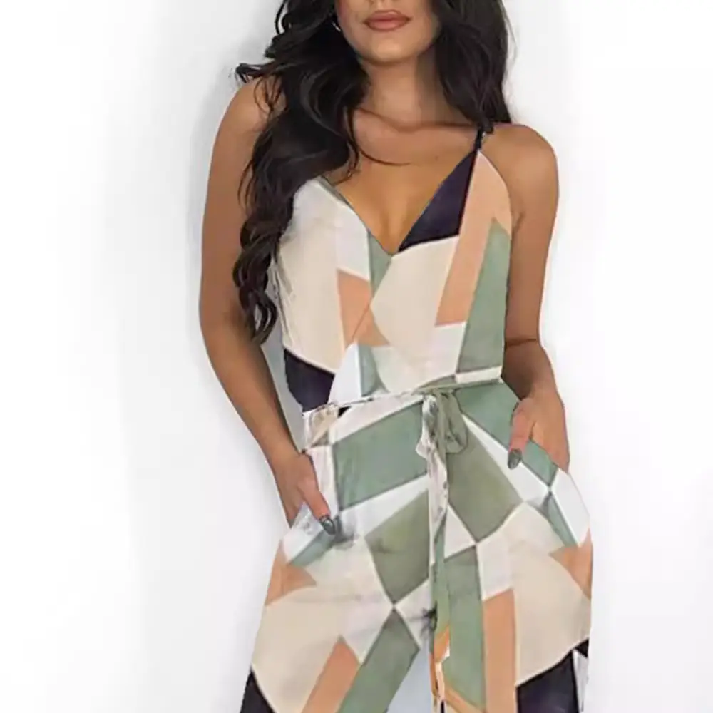 New Peacock Feather Print V-Neck Jumpsuit for Women